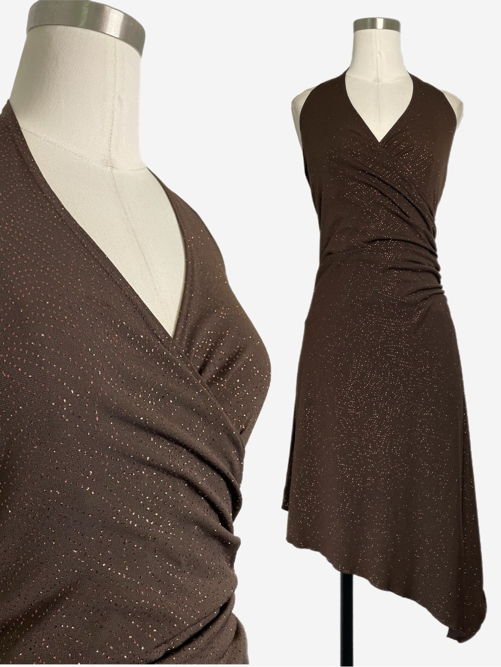 Vintage Y2K Lipstick Brown glitter halter asymmetric midi dress stretch XS/S